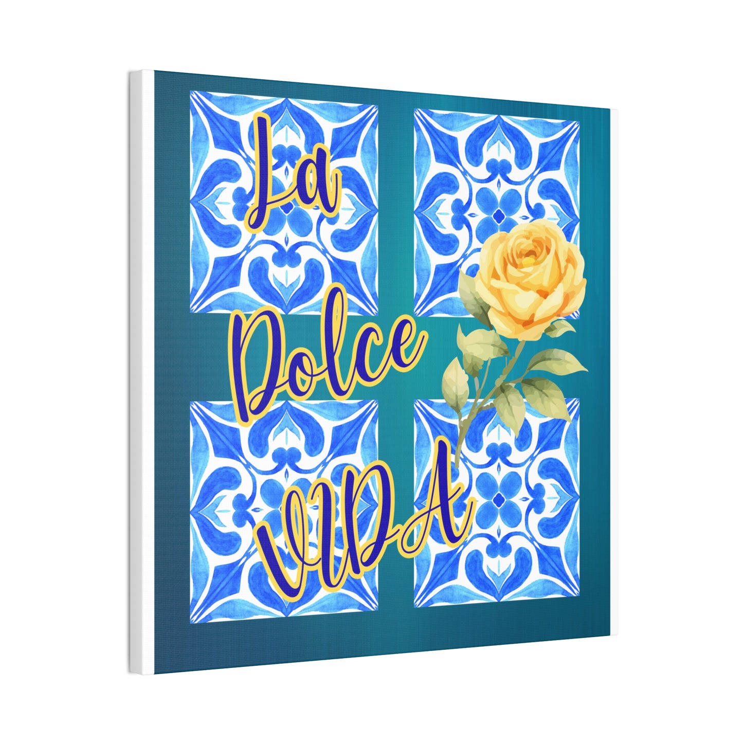 La Dolce Vida Canvas Wall Art – Yellow Rose & Blue Tile Stretched Canvas