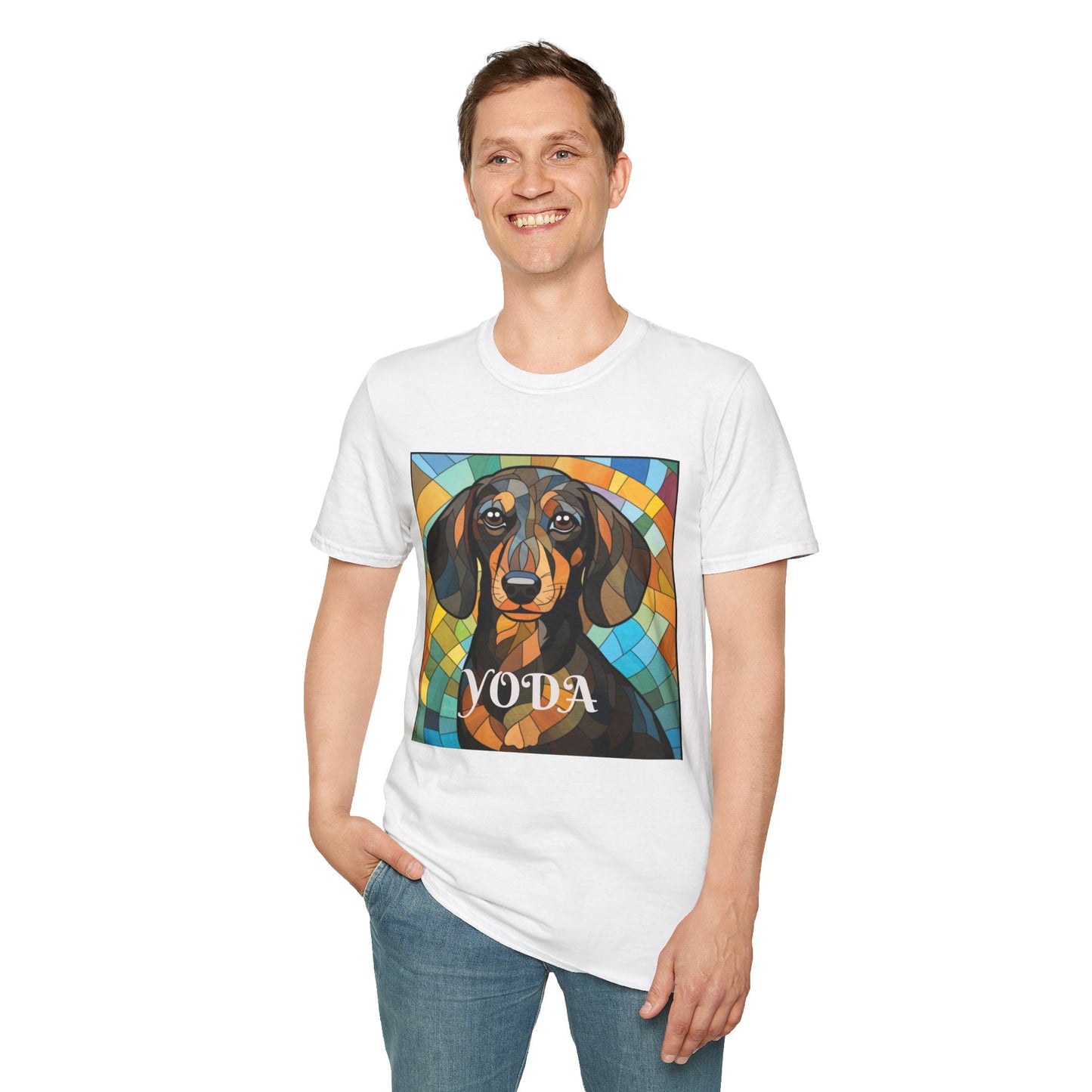 Dachshund Mosaic Portrait T-Shirt – "Yoda" Colorful Dog Art Tee