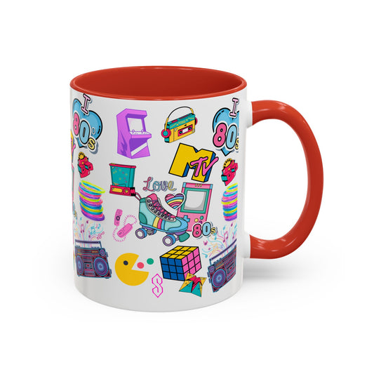 80s Retro Icons Accent Coffee Mug — Vintage MTV, Cassette & Arcade Pattern (11/15oz)