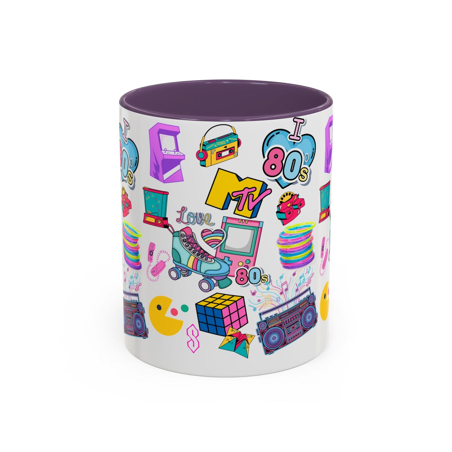 80s Retro Icons Accent Coffee Mug — Vintage MTV, Cassette & Arcade Pattern (11/15oz)
