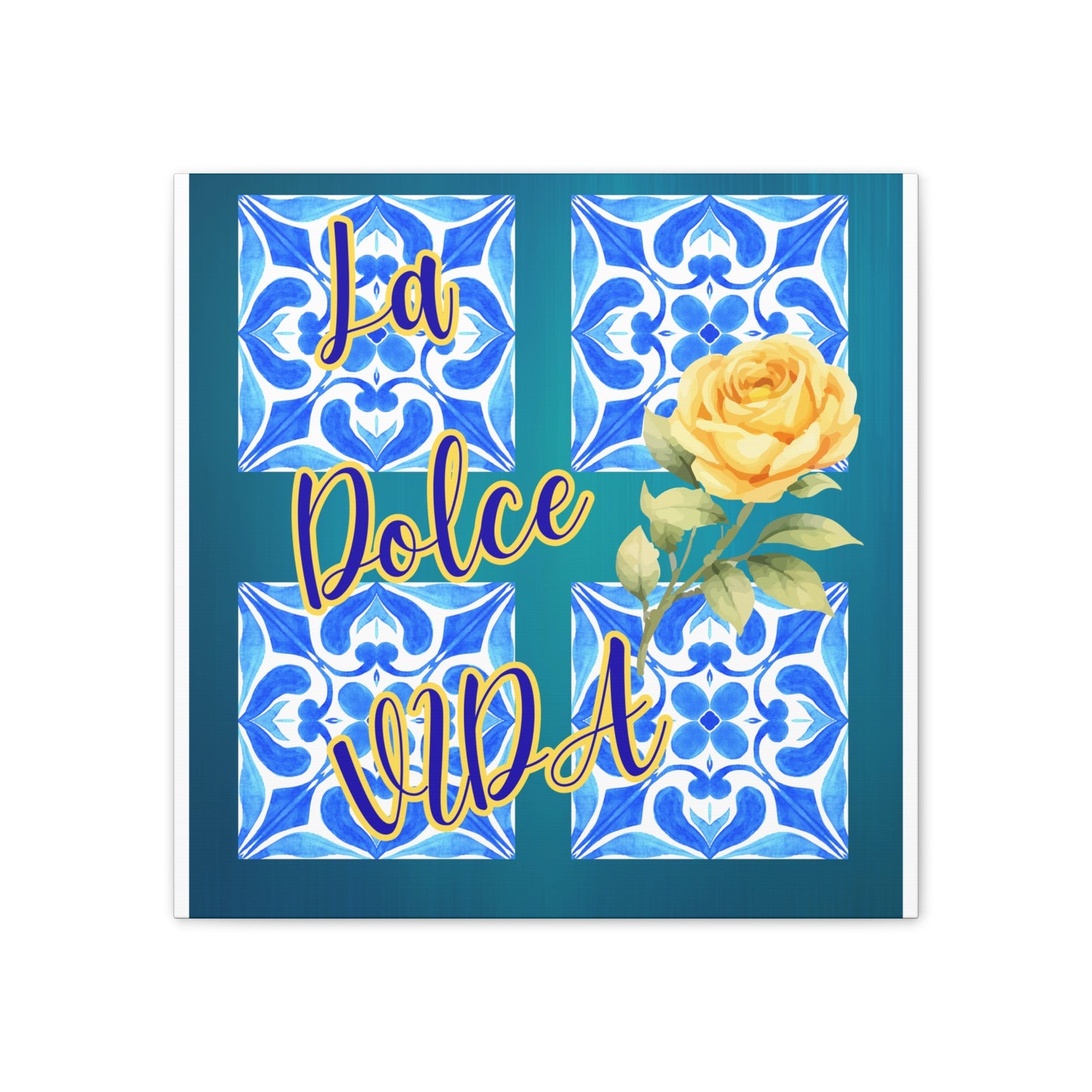 La Dolce Vida Canvas Wall Art – Yellow Rose & Blue Tile Stretched Canvas