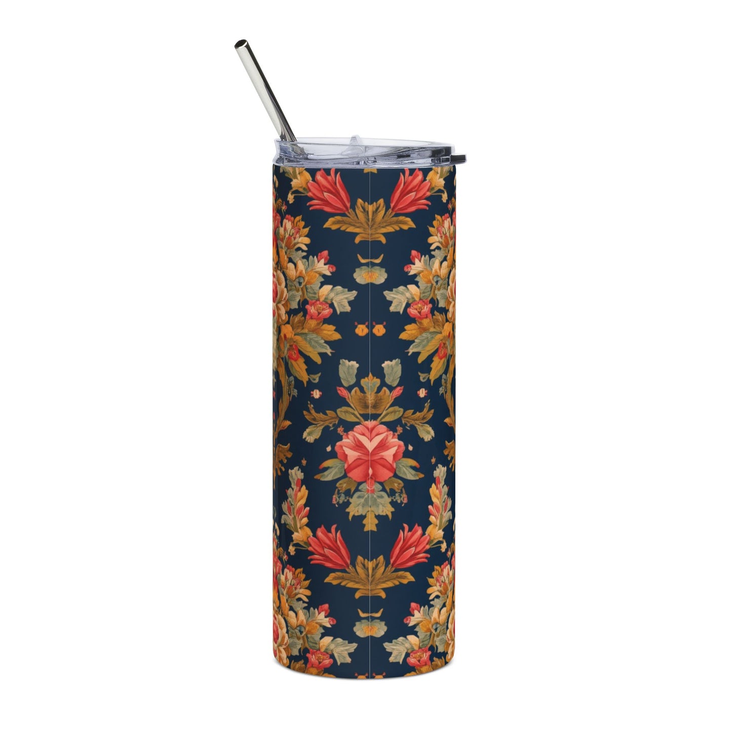 20oz Floral Damask Tumbler — Navy Vintage Rose Stainless Steel Travel Cup