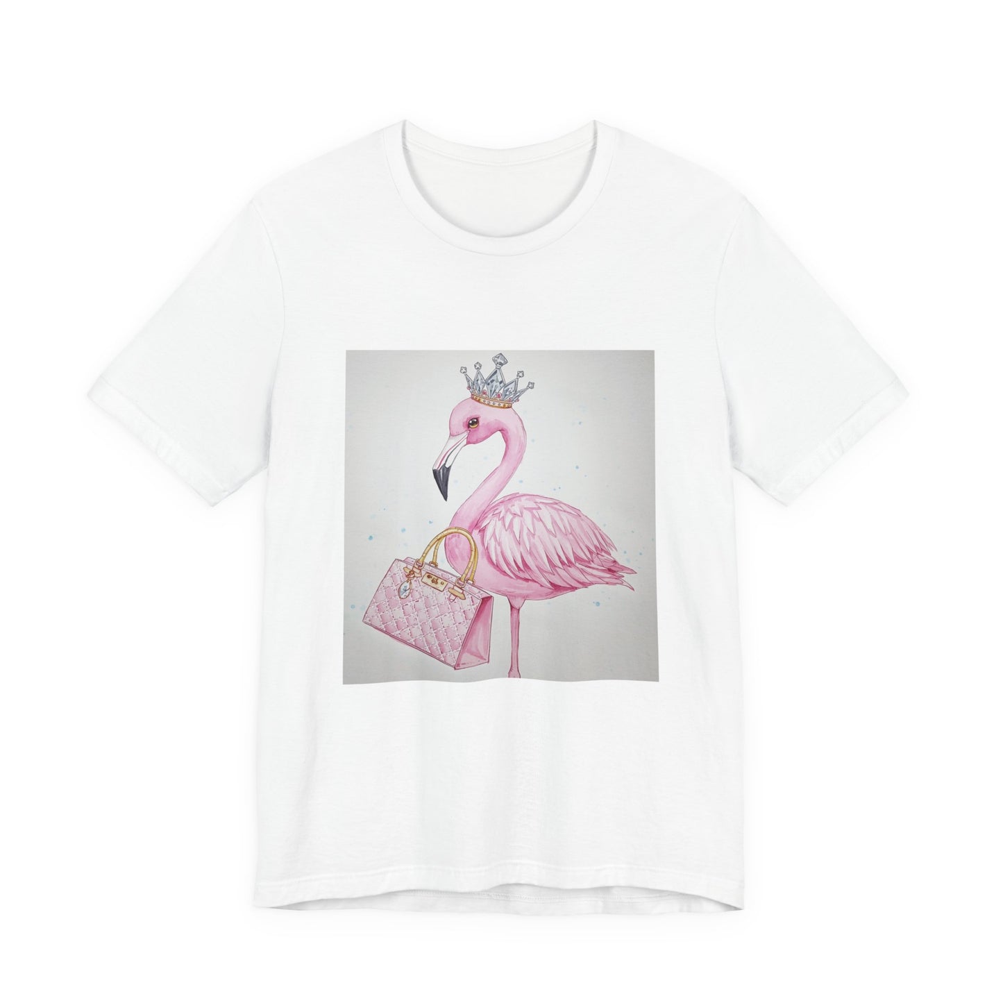 Flamingo Crown Tee — Pink Flamingo with Crown & Handbag Graphic Shirt