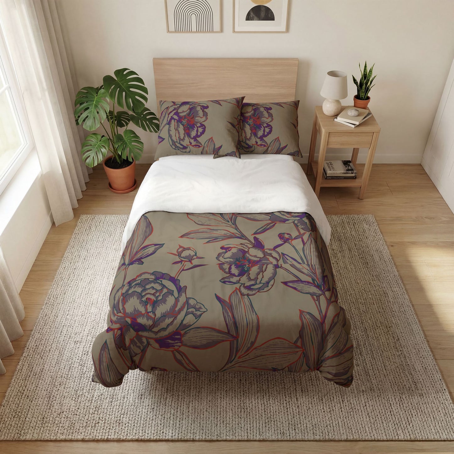 Floral Sketch Quilt Cover Set — Vintage Peony Bedding (3-Piece)
