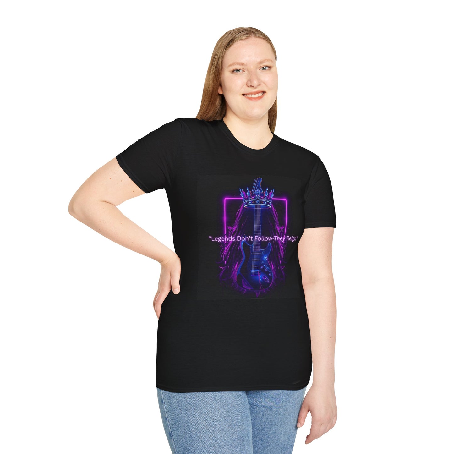 Rock Guitar T-Shirt - "Leaders Don’t Follow, They Reign" Neon Crown Design
