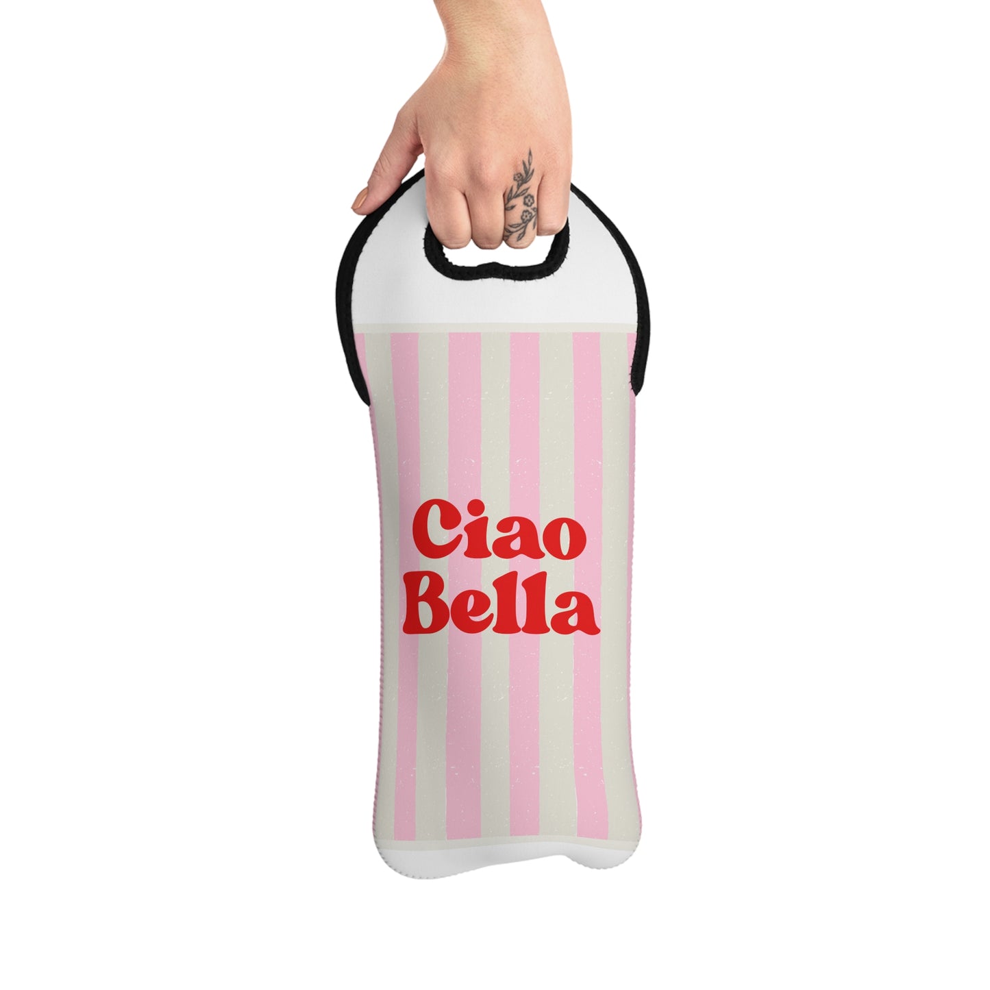 Wine Tote — "Ciao Bella" Pink Stripe Bottle Carrier