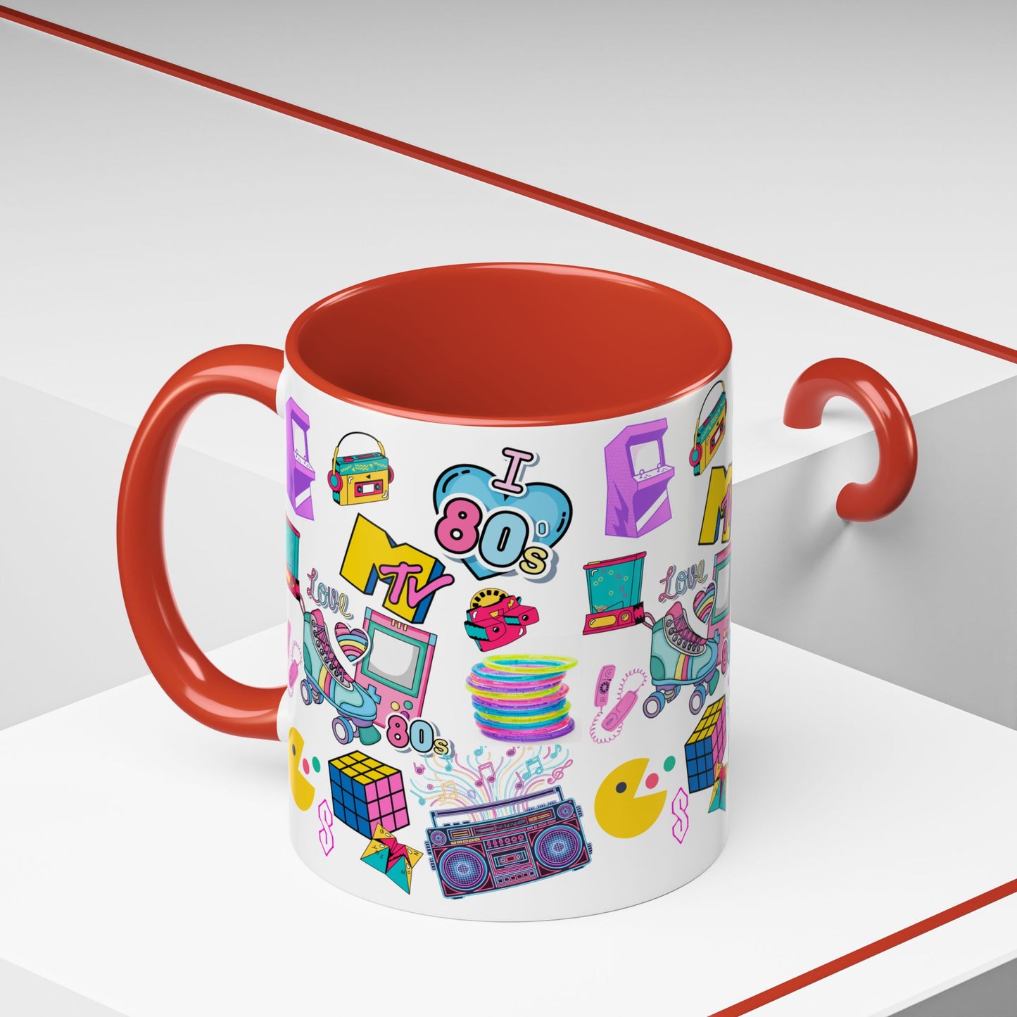 80s Retro Icons Accent Coffee Mug — Vintage MTV, Cassette & Arcade Pattern (11/15oz)