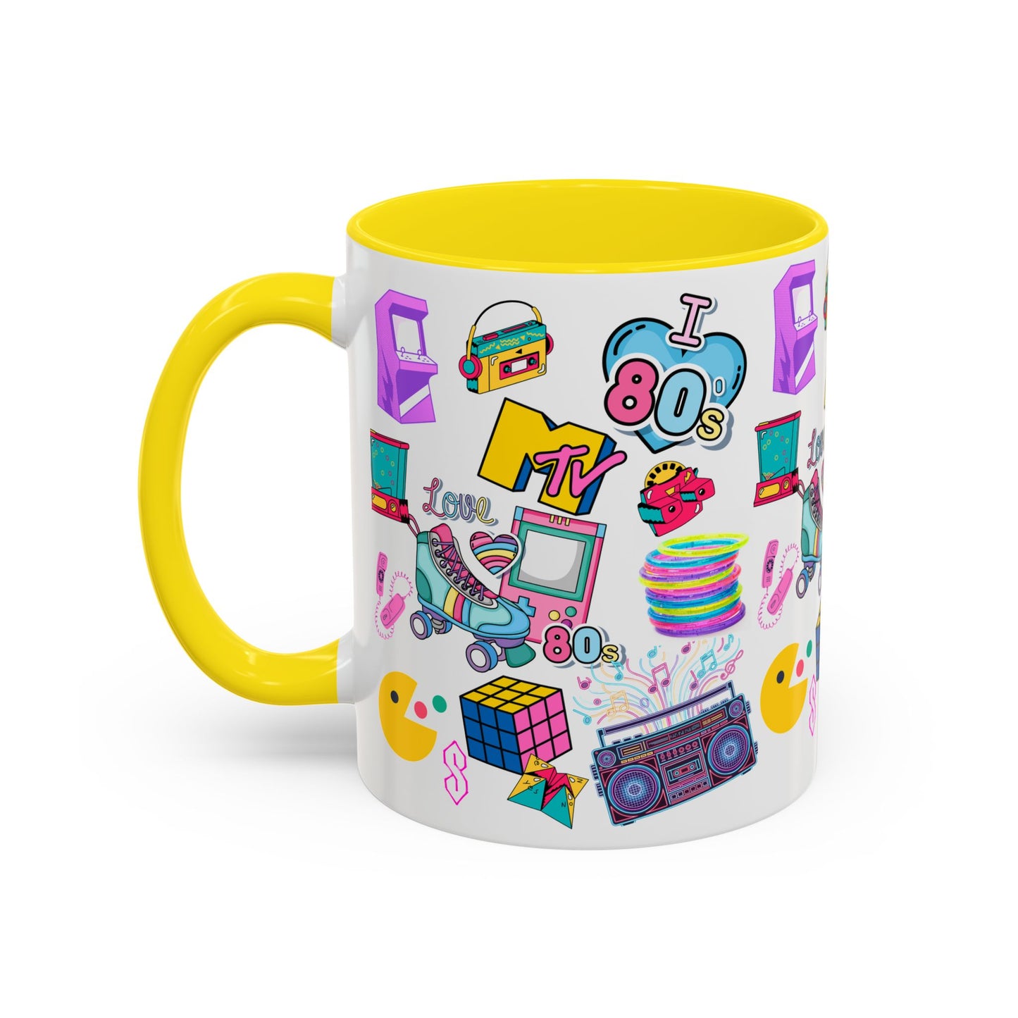 80s Retro Icons Accent Coffee Mug — Vintage MTV, Cassette & Arcade Pattern (11/15oz)