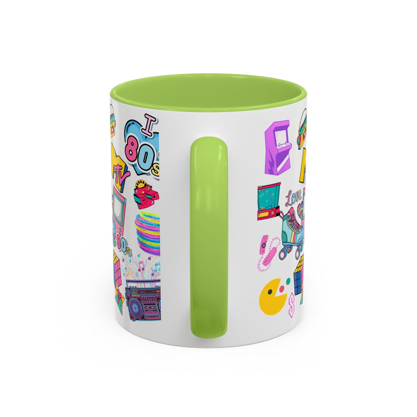 80s Retro Icons Accent Coffee Mug — Vintage MTV, Cassette & Arcade Pattern (11/15oz)