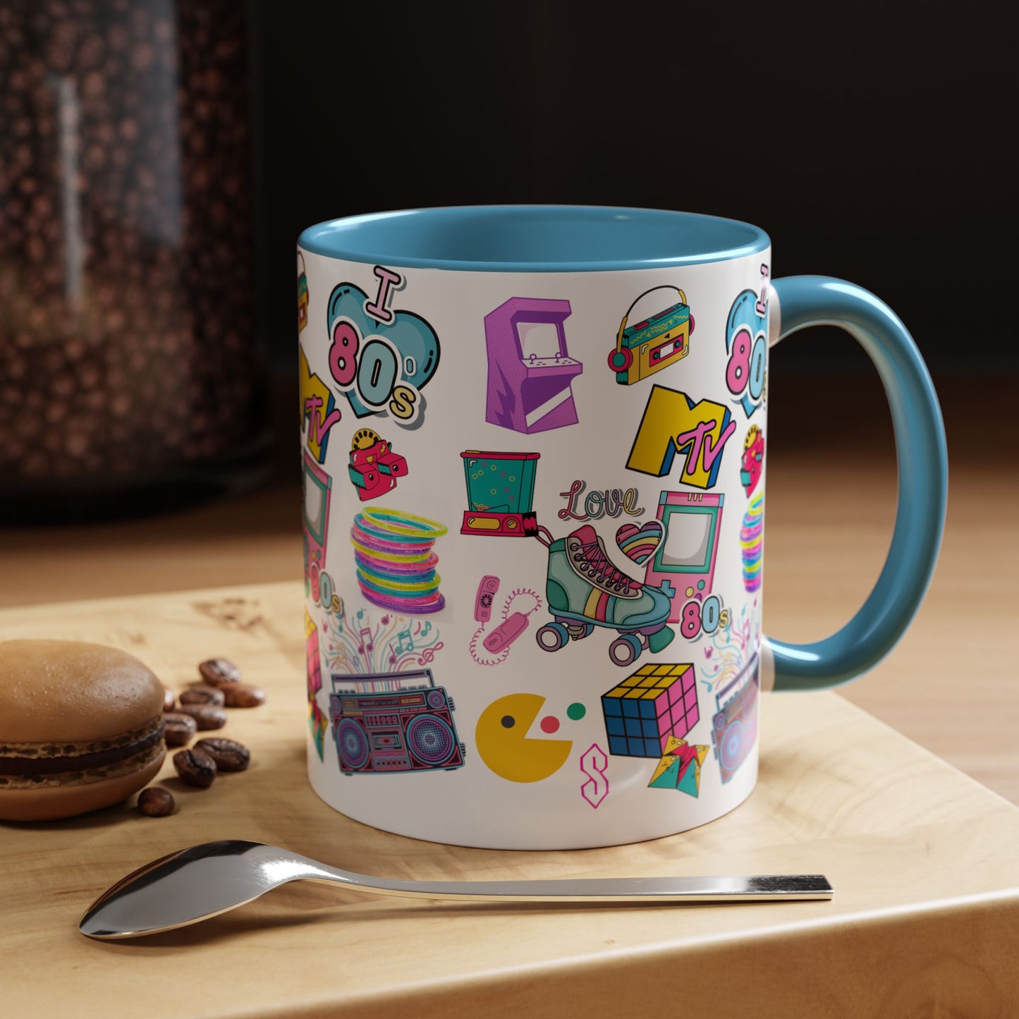 80s Retro Icons Accent Coffee Mug — Vintage MTV, Cassette & Arcade Pattern (11/15oz)