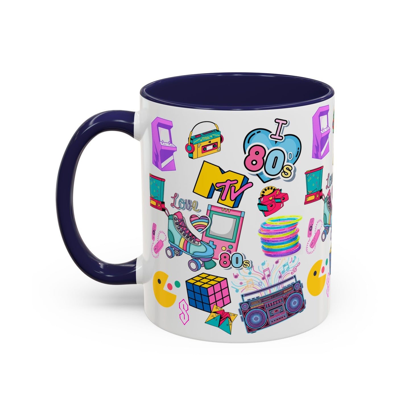 80s Retro Icons Accent Coffee Mug — Vintage MTV, Cassette & Arcade Pattern (11/15oz)