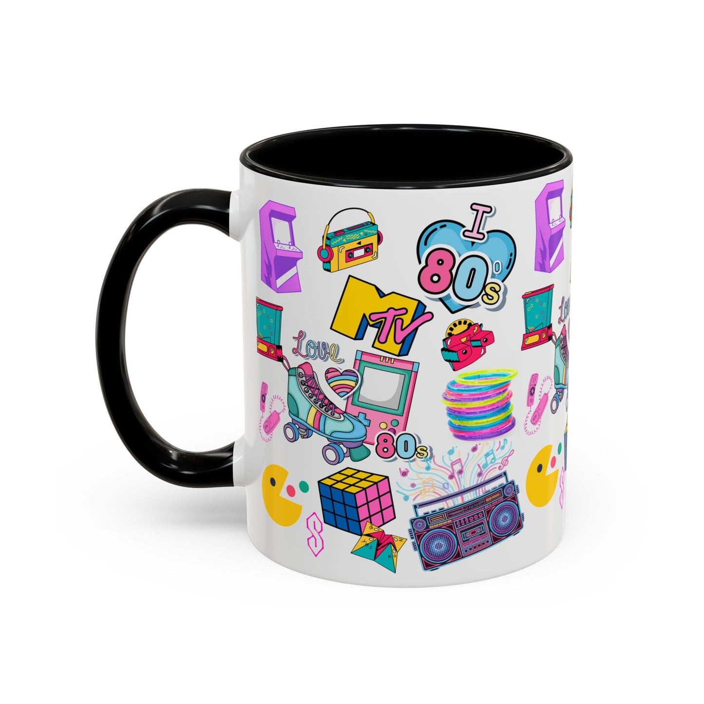 80s Retro Icons Accent Coffee Mug — Vintage MTV, Cassette & Arcade Pattern (11/15oz)