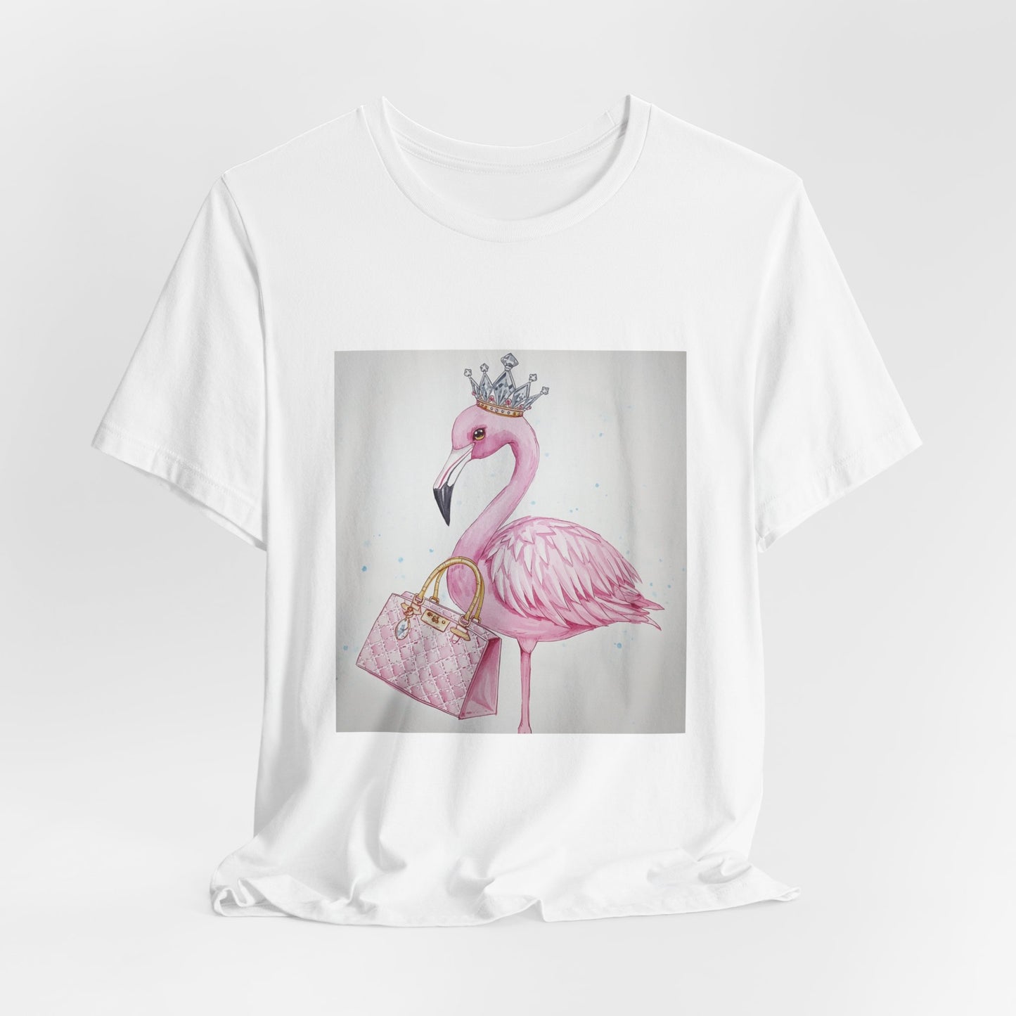 Flamingo Crown Tee — Pink Flamingo with Crown & Handbag Graphic Shirt