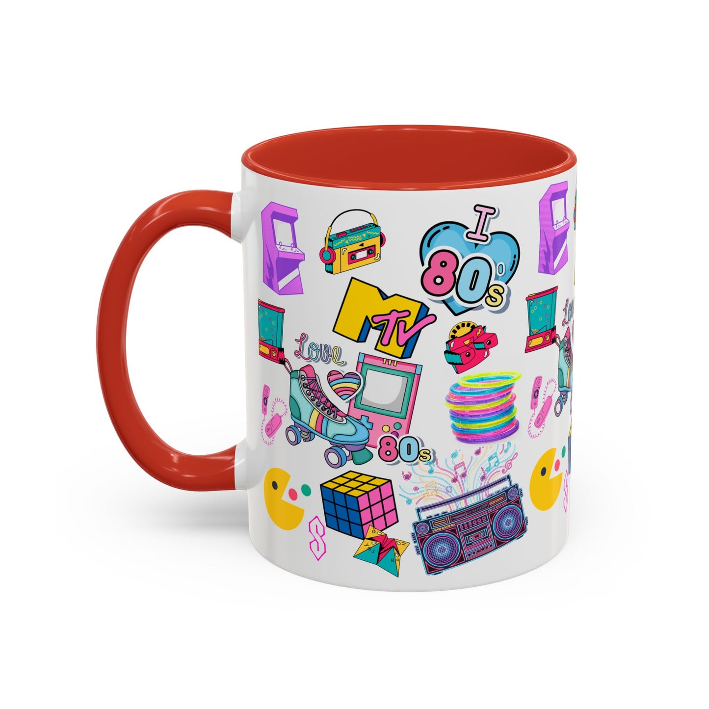 80s Retro Icons Accent Coffee Mug — Vintage MTV, Cassette & Arcade Pattern (11/15oz)