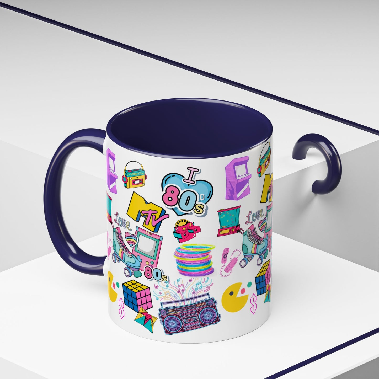 80s Retro Icons Accent Coffee Mug — Vintage MTV, Cassette & Arcade Pattern (11/15oz)