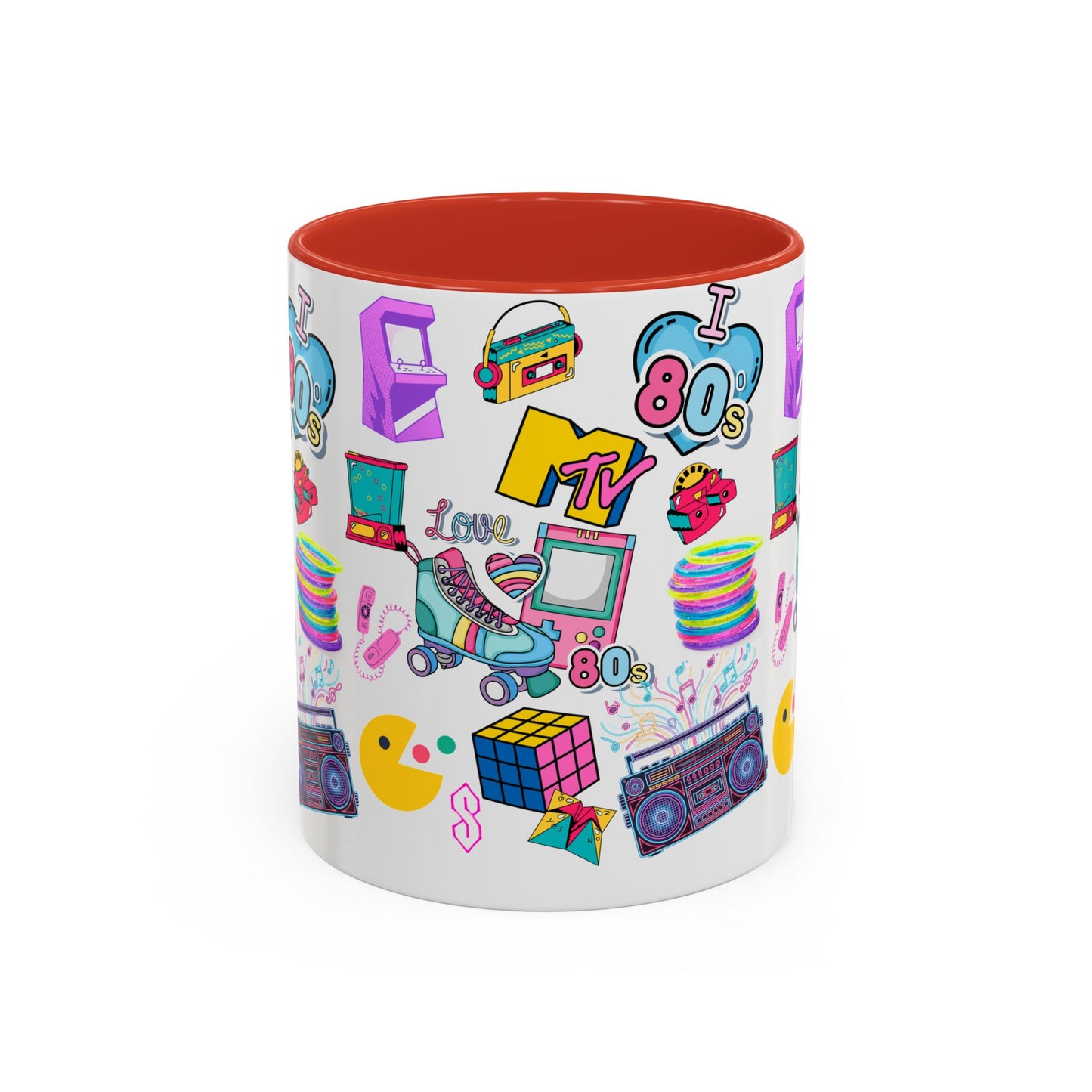 80s Retro Icons Accent Coffee Mug — Vintage MTV, Cassette & Arcade Pattern (11/15oz)