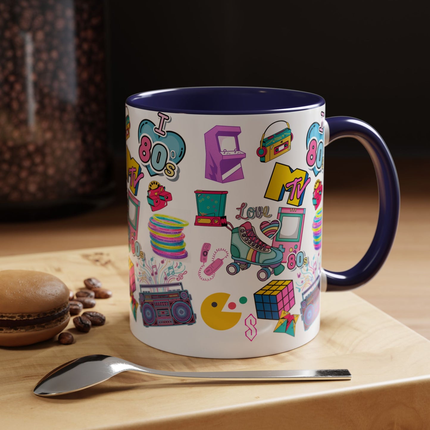 80s Retro Icons Accent Coffee Mug — Vintage MTV, Cassette & Arcade Pattern (11/15oz)
