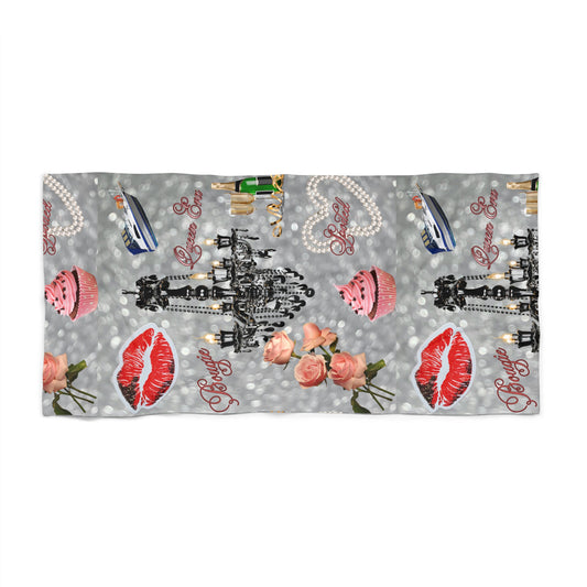 Glam Beach Towel — Chandelier, Roses & Lip Print Summer Towel