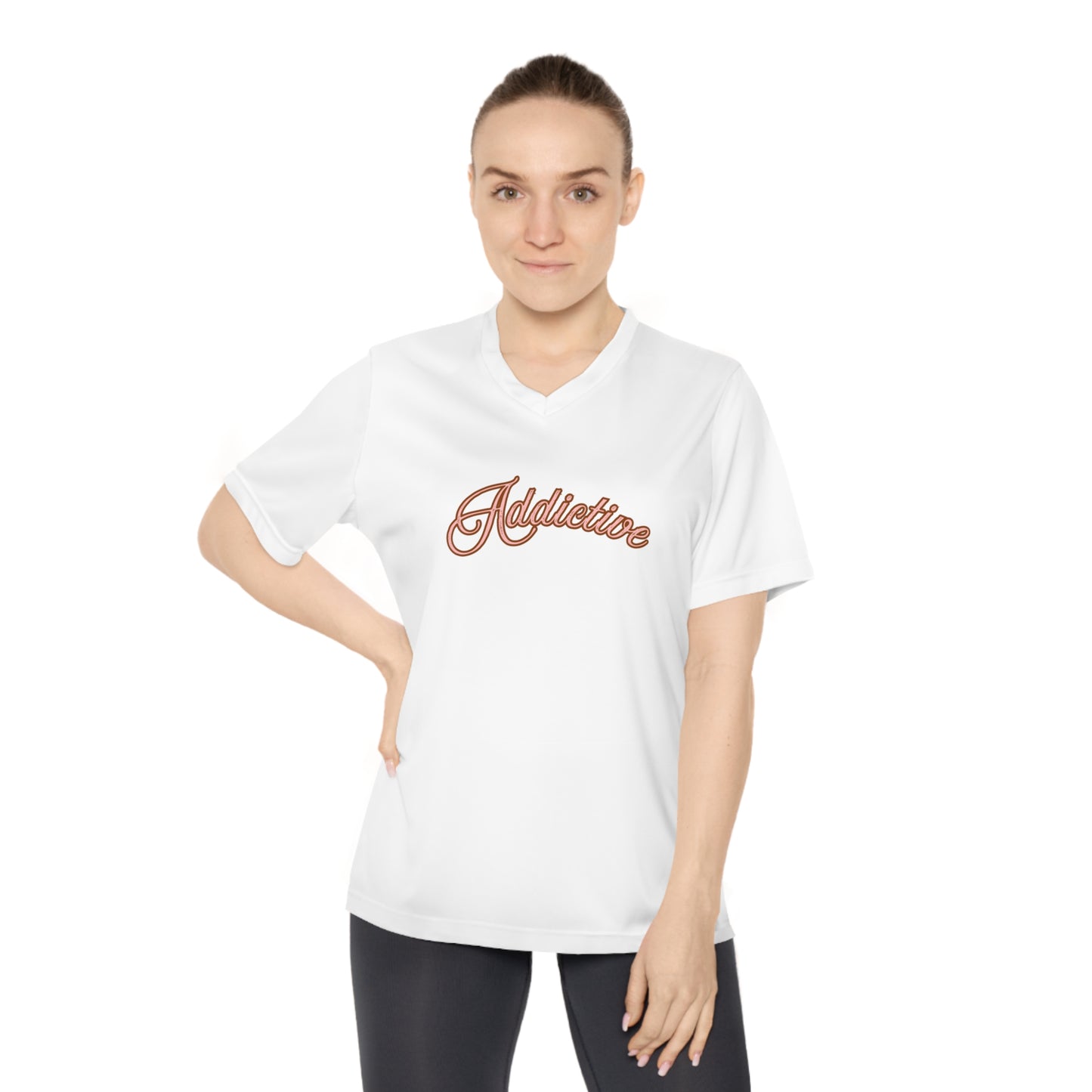 Addictive Script V-Neck T‑Shirt — Women's Casual Performance Tee