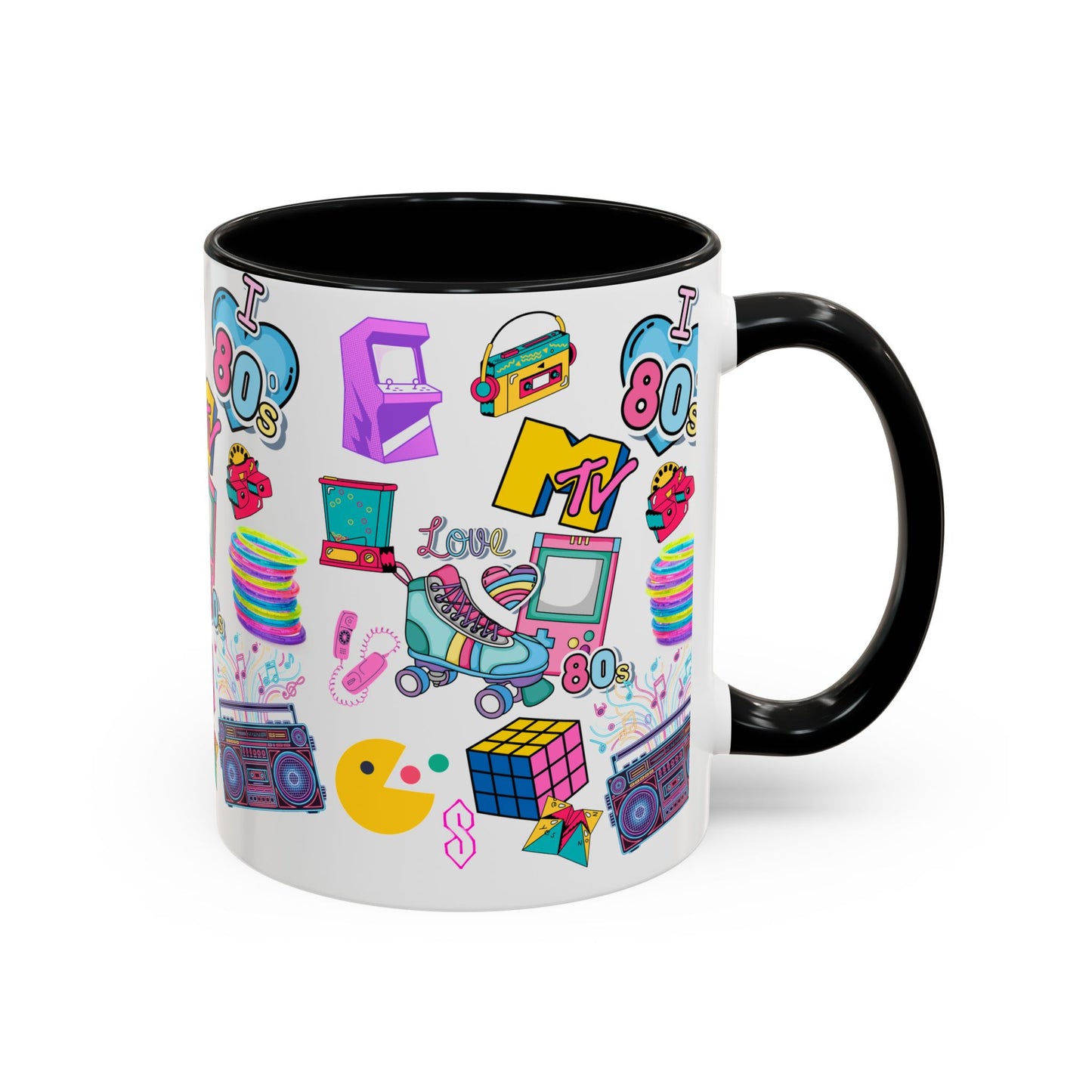80s Retro Icons Accent Coffee Mug — Vintage MTV, Cassette & Arcade Pattern (11/15oz)