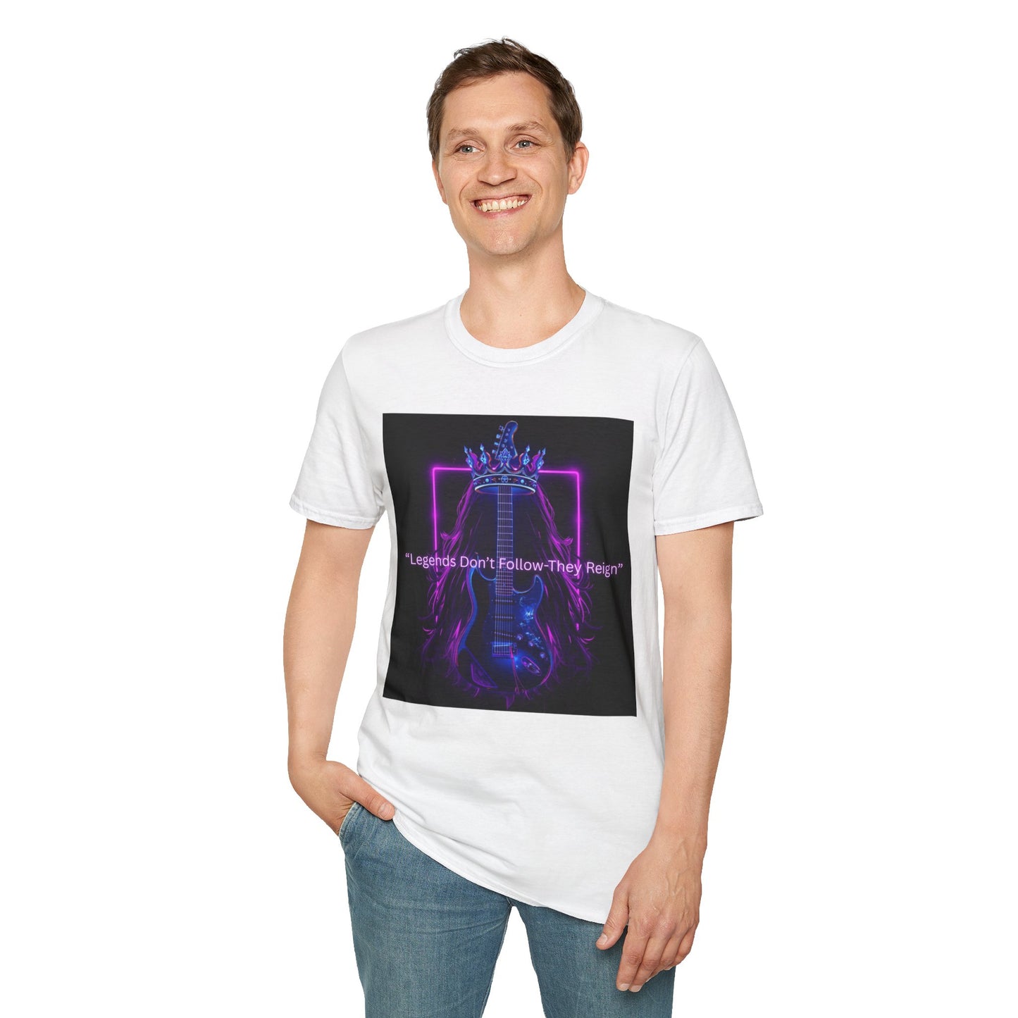 Rock Guitar T-Shirt - "Leaders Don’t Follow, They Reign" Neon Crown Design