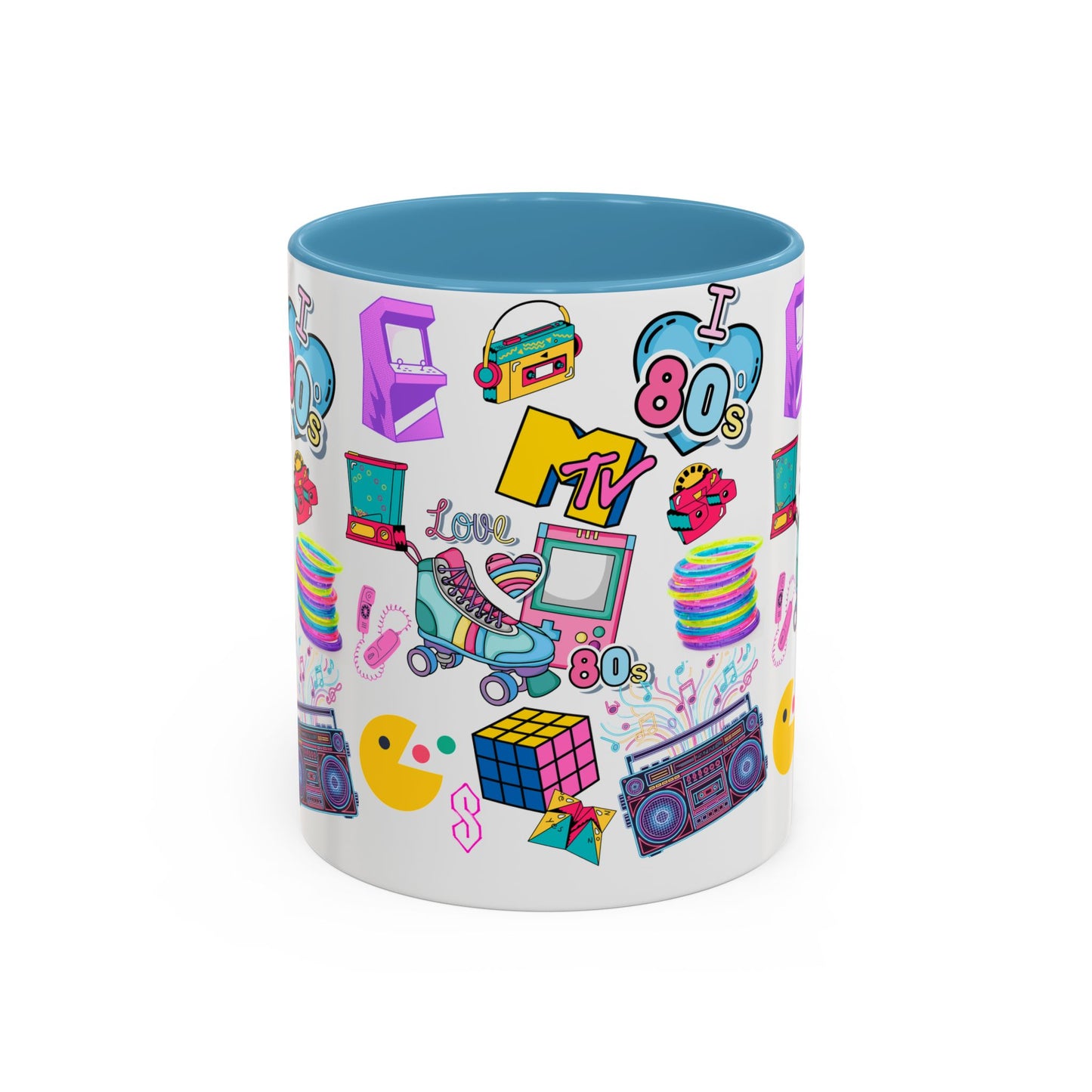 80s Retro Icons Accent Coffee Mug — Vintage MTV, Cassette & Arcade Pattern (11/15oz)