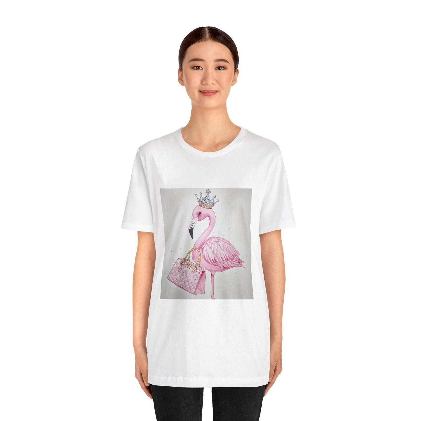 Flamingo Crown Tee — Pink Flamingo with Crown & Handbag Graphic Shirt