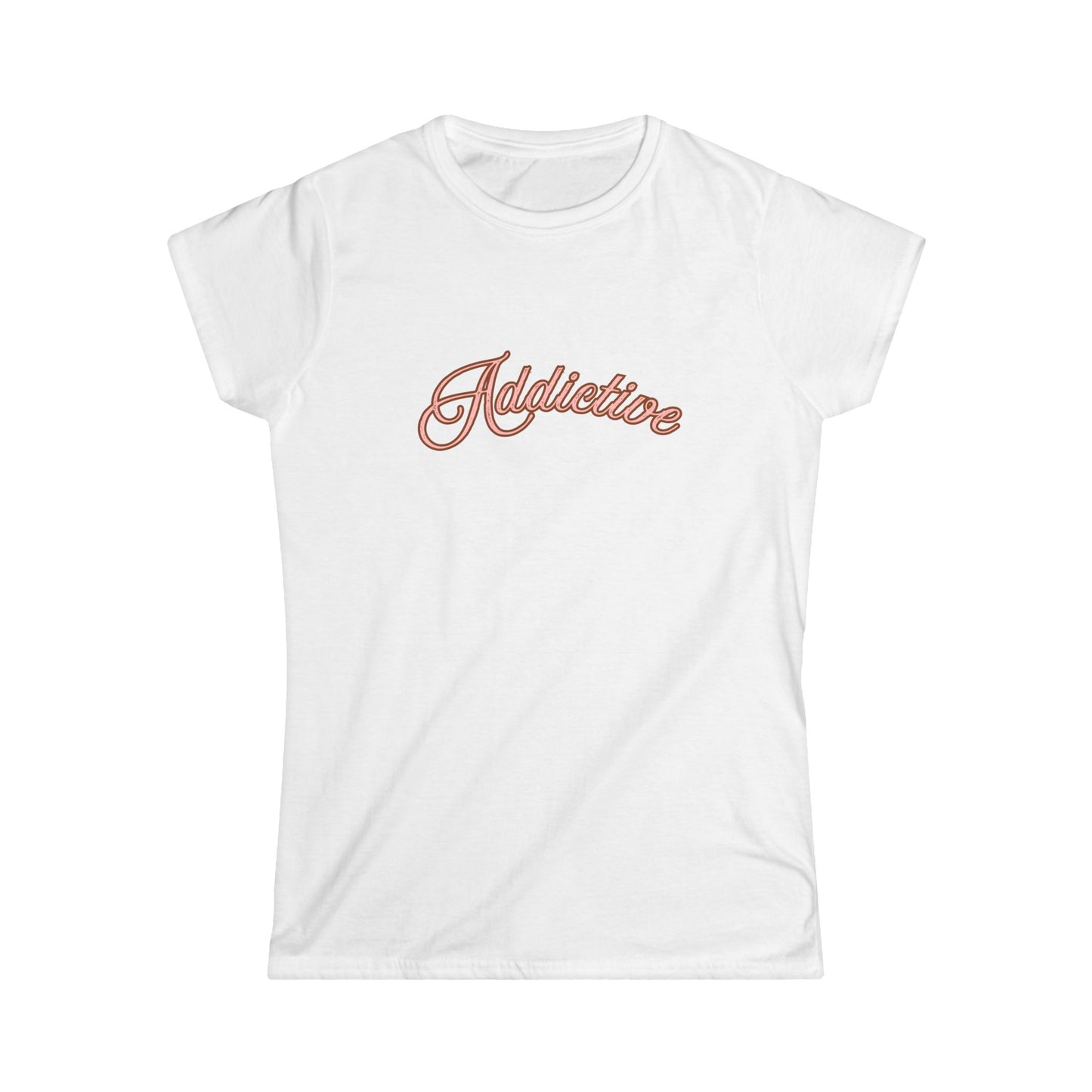 Addictive Script Tee — Women's White Graphic T-Shirt