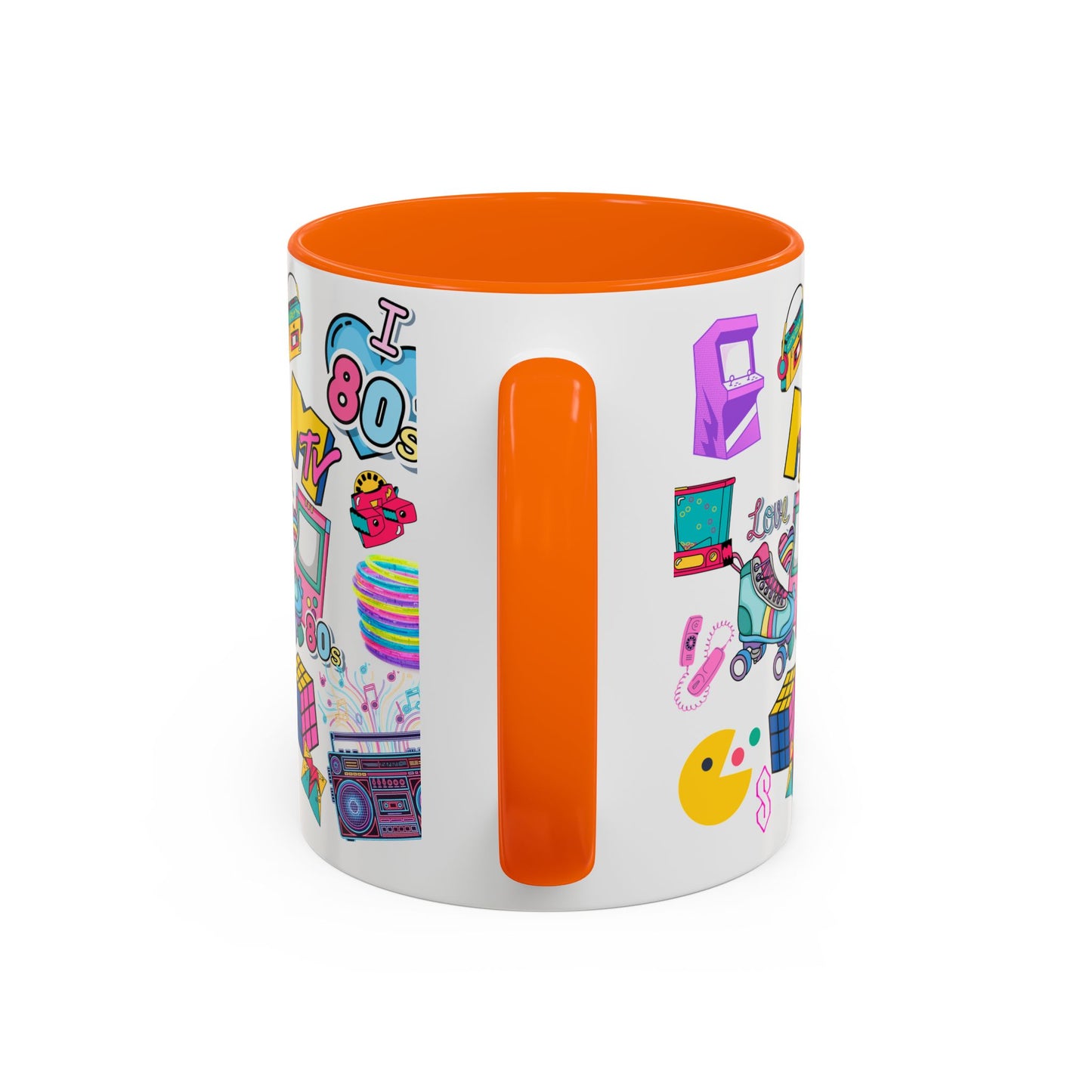 80s Retro Icons Accent Coffee Mug — Vintage MTV, Cassette & Arcade Pattern (11/15oz)