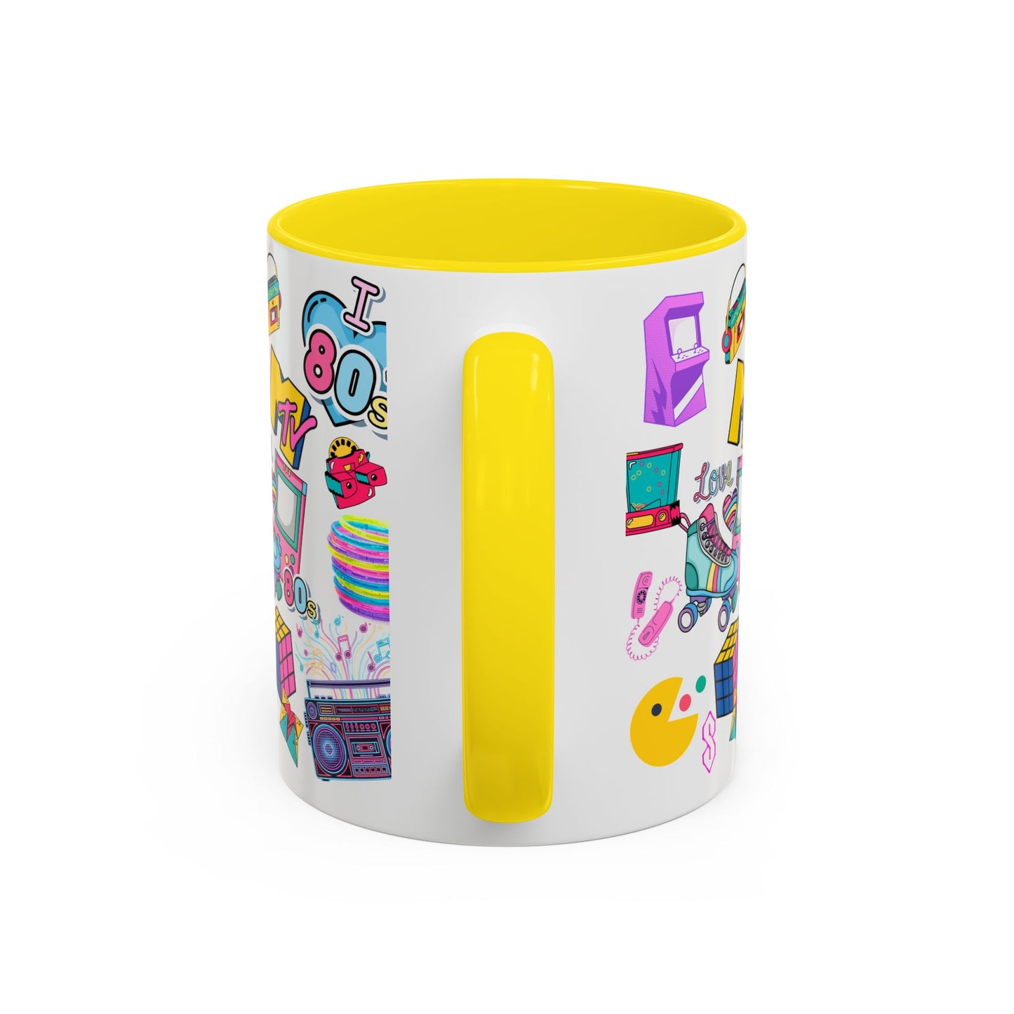 80s Retro Icons Accent Coffee Mug — Vintage MTV, Cassette & Arcade Pattern (11/15oz)