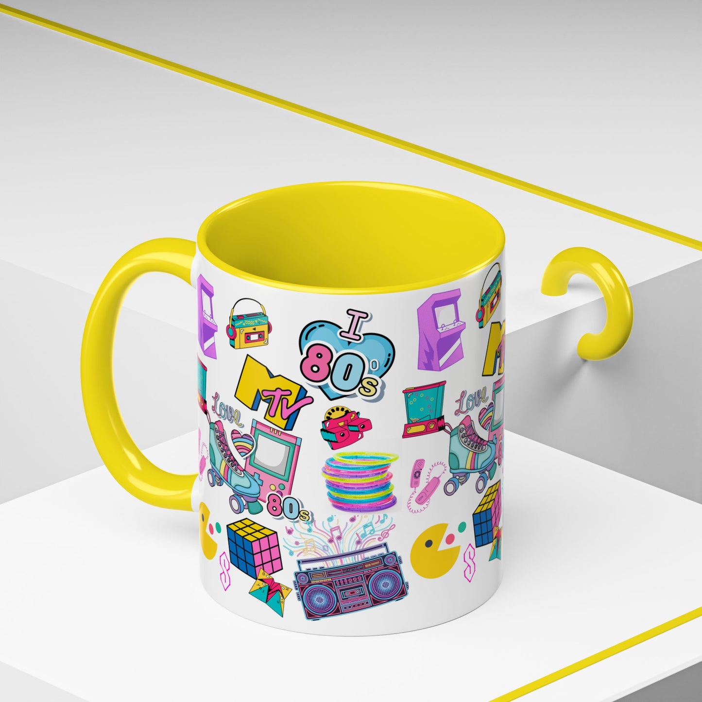 80s Retro Icons Accent Coffee Mug — Vintage MTV, Cassette & Arcade Pattern (11/15oz)