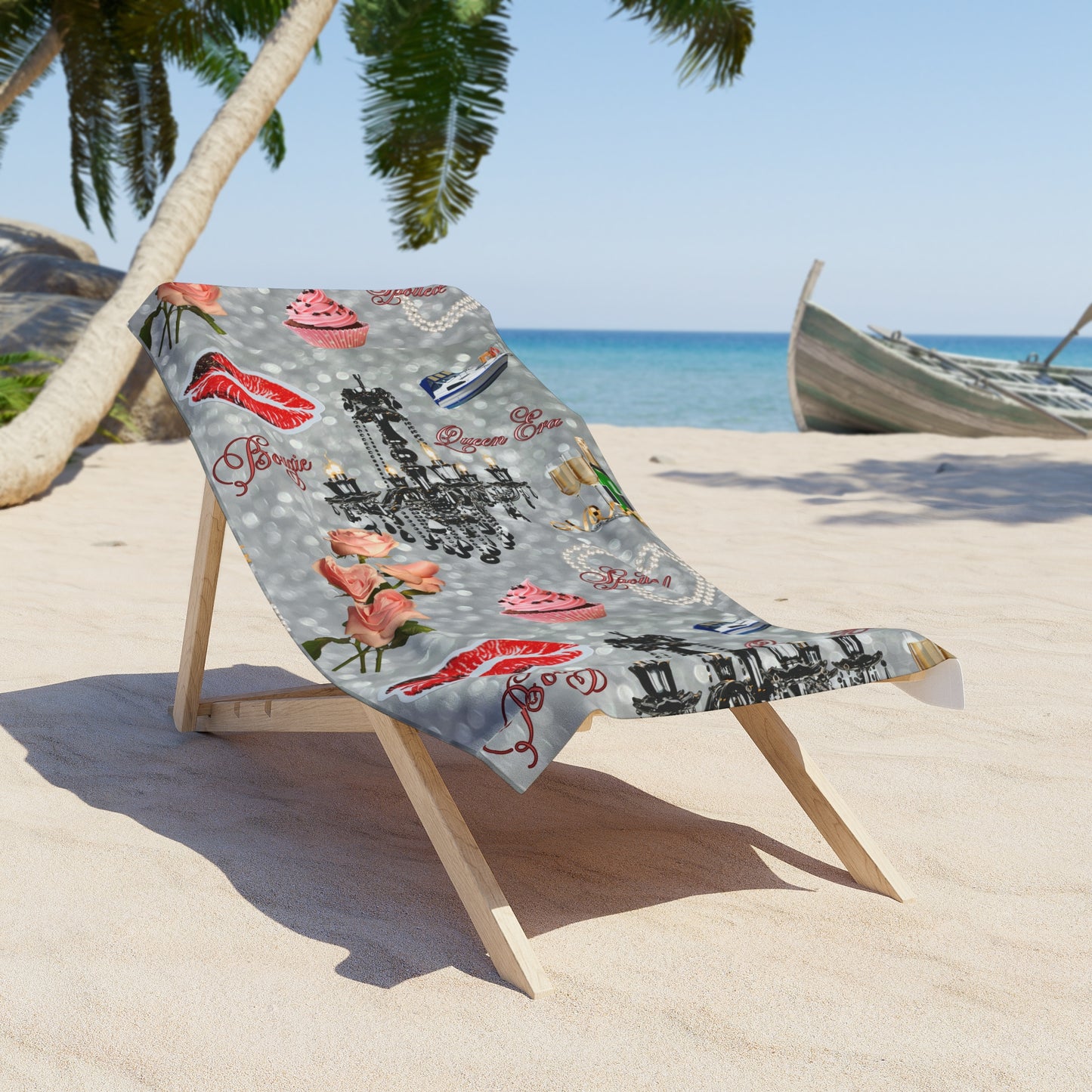 Glam Beach Towel — Chandelier, Roses & Lip Print Summer Towel