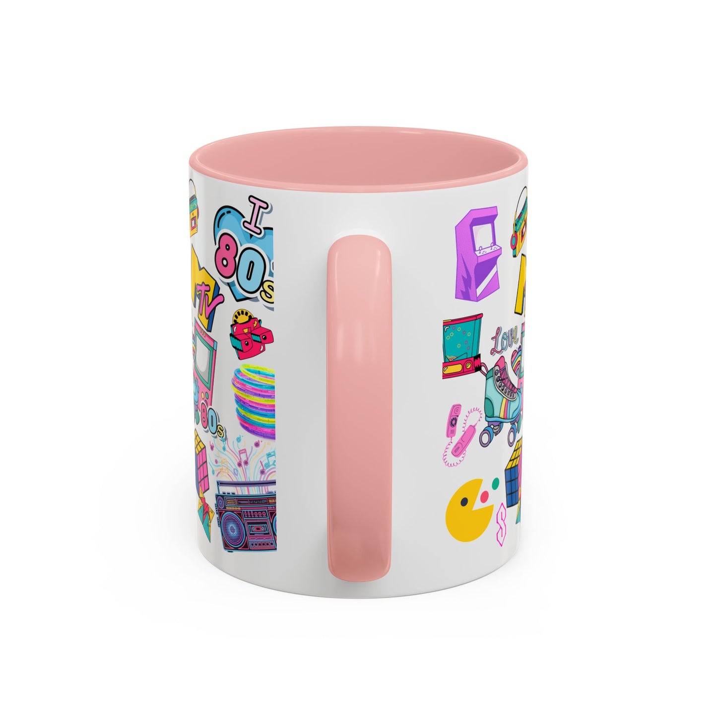 80s Retro Icons Accent Coffee Mug — Vintage MTV, Cassette & Arcade Pattern (11/15oz)