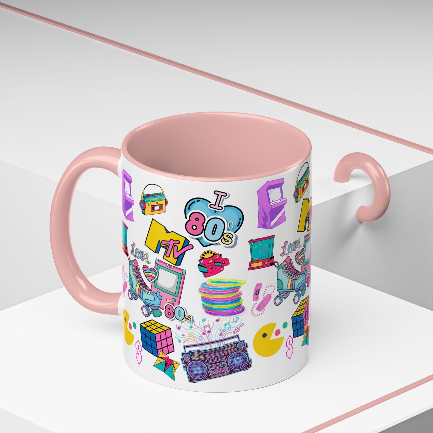 80s Retro Icons Accent Coffee Mug — Vintage MTV, Cassette & Arcade Pattern (11/15oz)