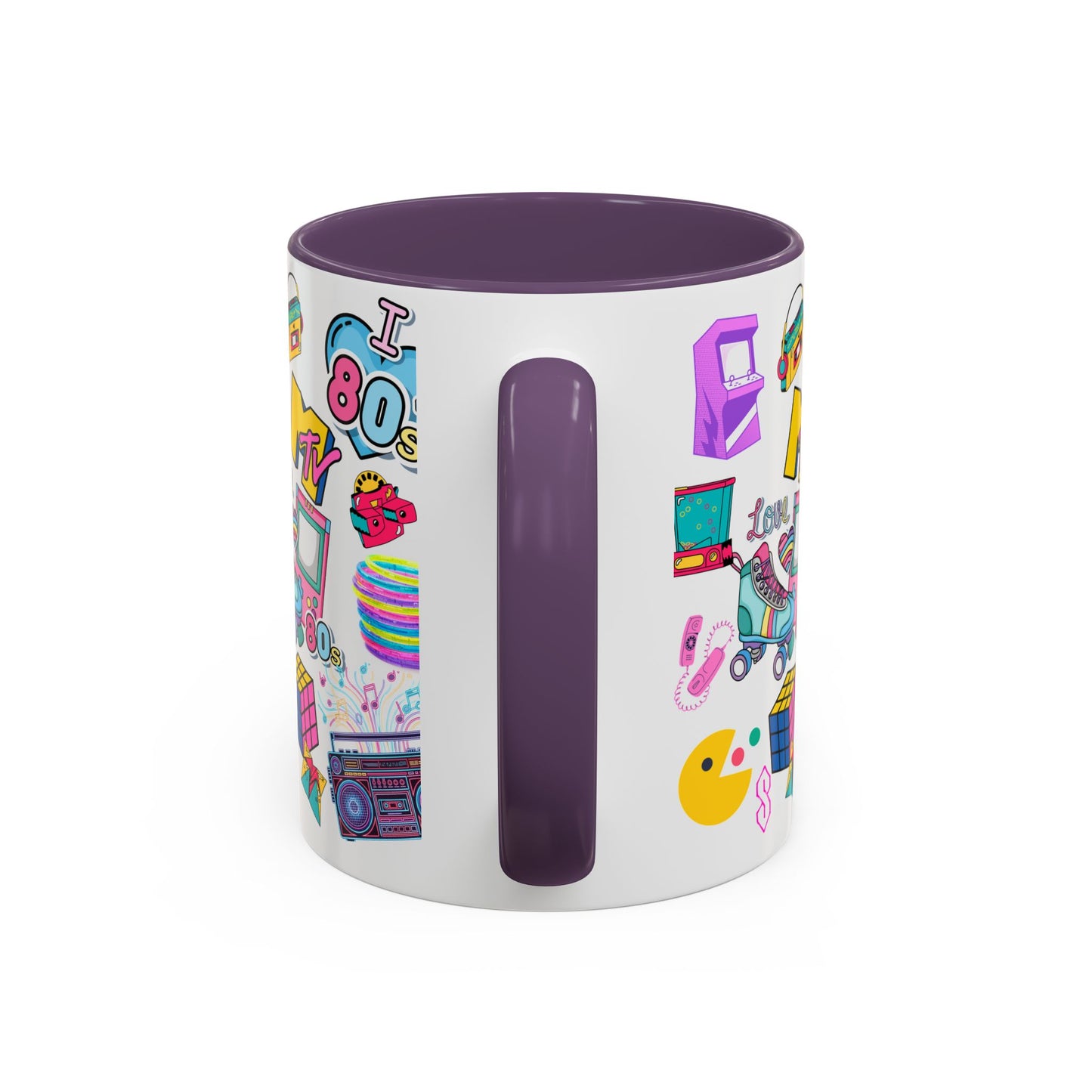 80s Retro Icons Accent Coffee Mug — Vintage MTV, Cassette & Arcade Pattern (11/15oz)