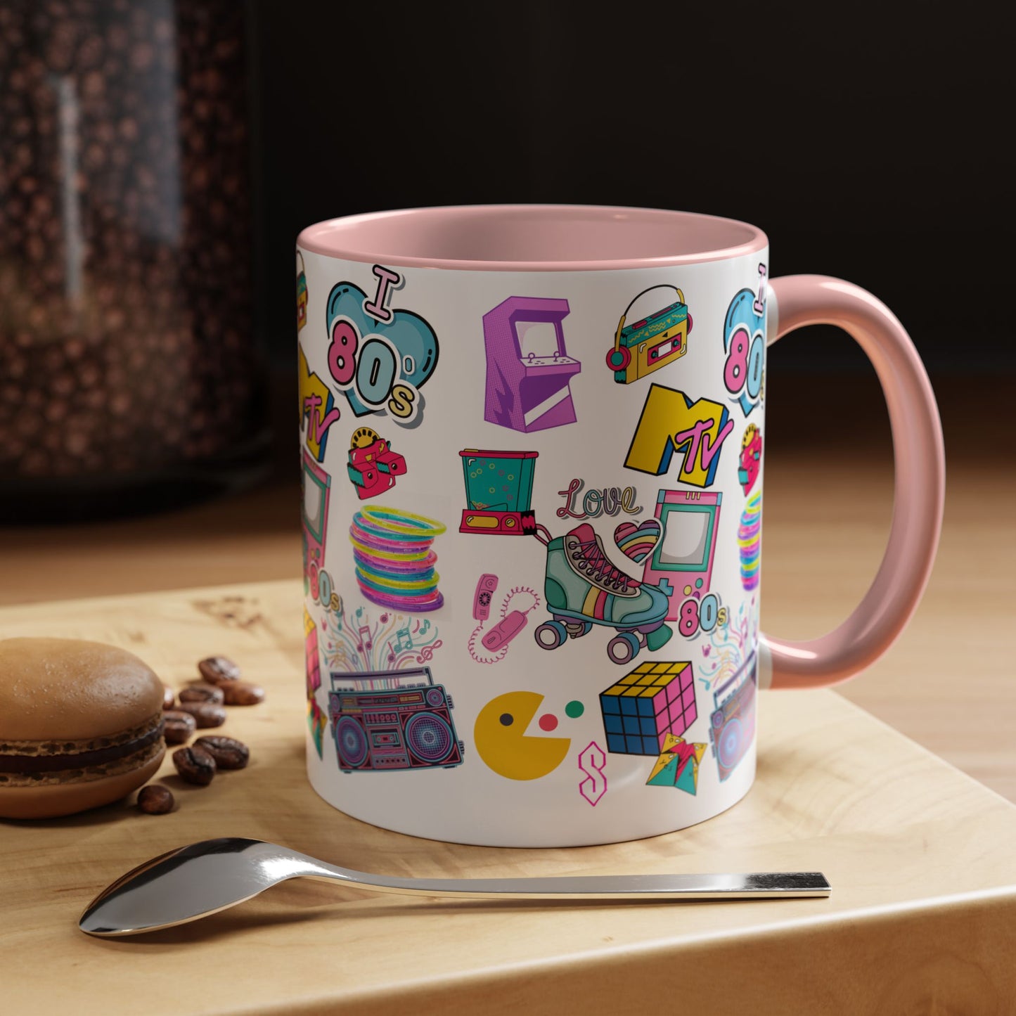 80s Retro Icons Accent Coffee Mug — Vintage MTV, Cassette & Arcade Pattern (11/15oz)