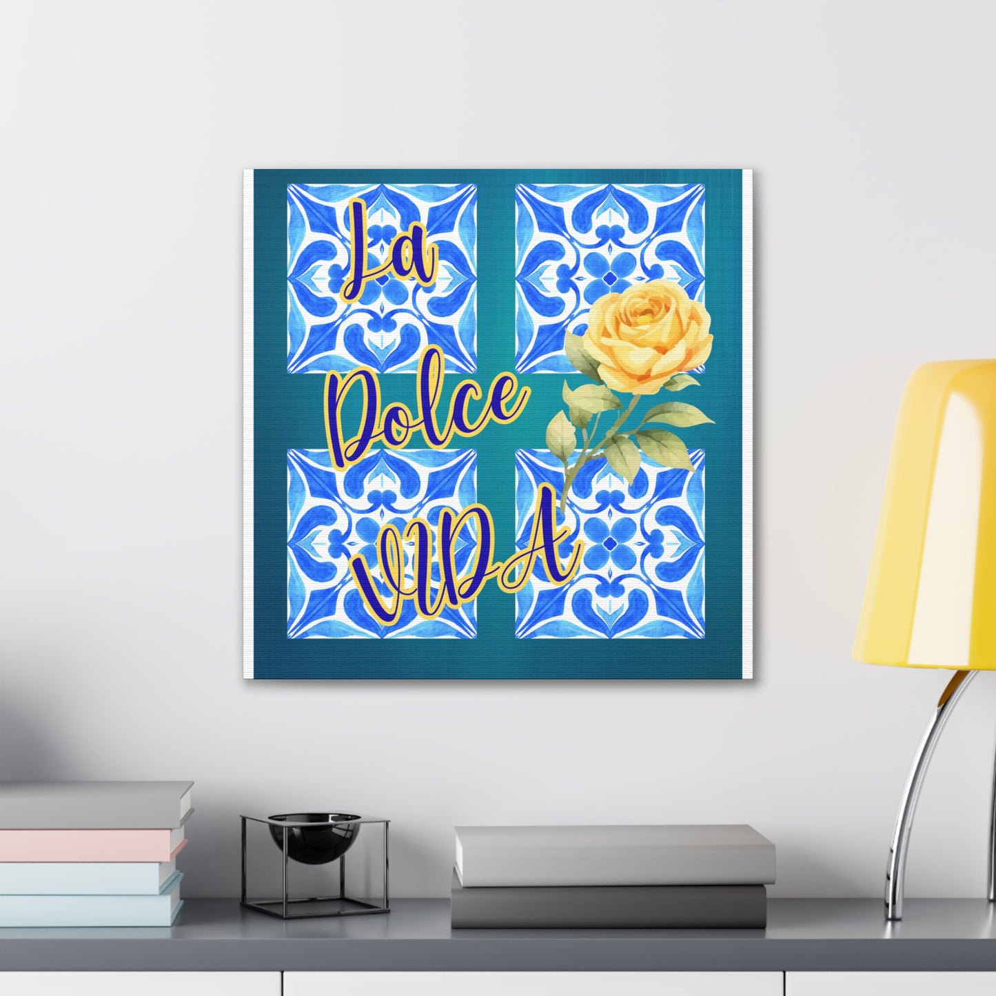 La Dolce Vida Canvas Wall Art – Yellow Rose & Blue Tile Stretched Canvas