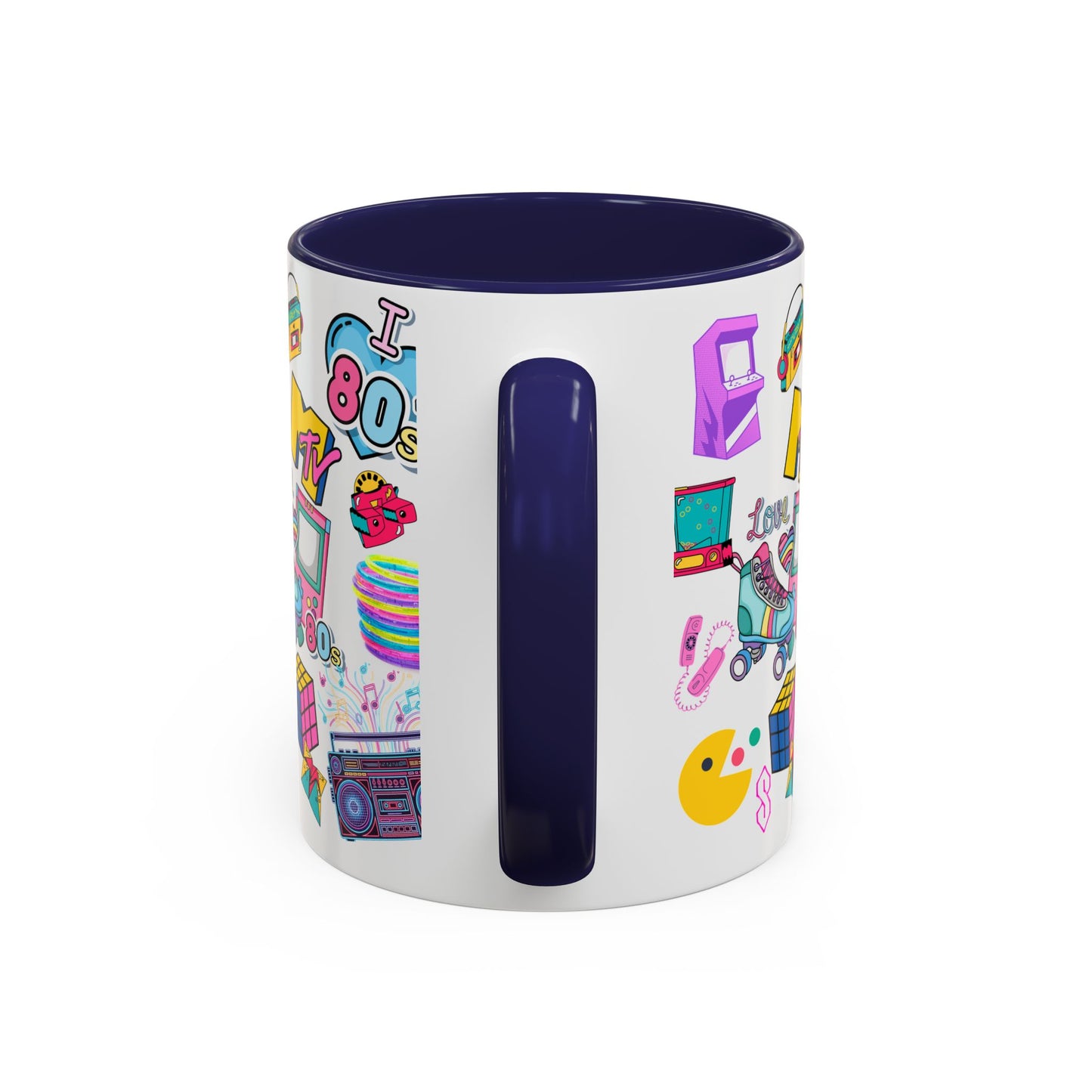 80s Retro Icons Accent Coffee Mug — Vintage MTV, Cassette & Arcade Pattern (11/15oz)